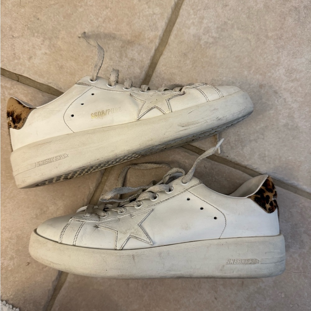 Golden Goose Pure-Star White Sneakers with Leopard Detail